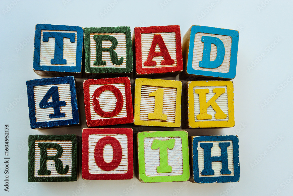 Traditional 401k and Roth 401k building blocks concept. Retirement savings choices background or banner. HR business onboarding education graphic element for presentations